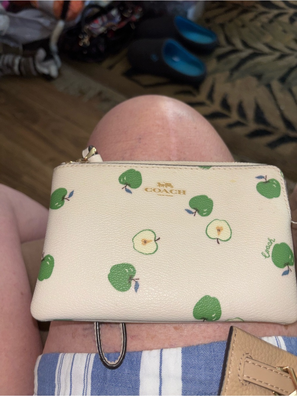Coach Cream Card & Key Pouch with Green Apple Print